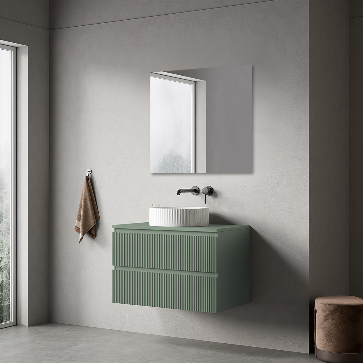 Mobile bagno sospeso cannettato 80 cm Verde Salvia per Lavabo d'appoggio Specchio Quadro - Fiji Paint Top Canneté