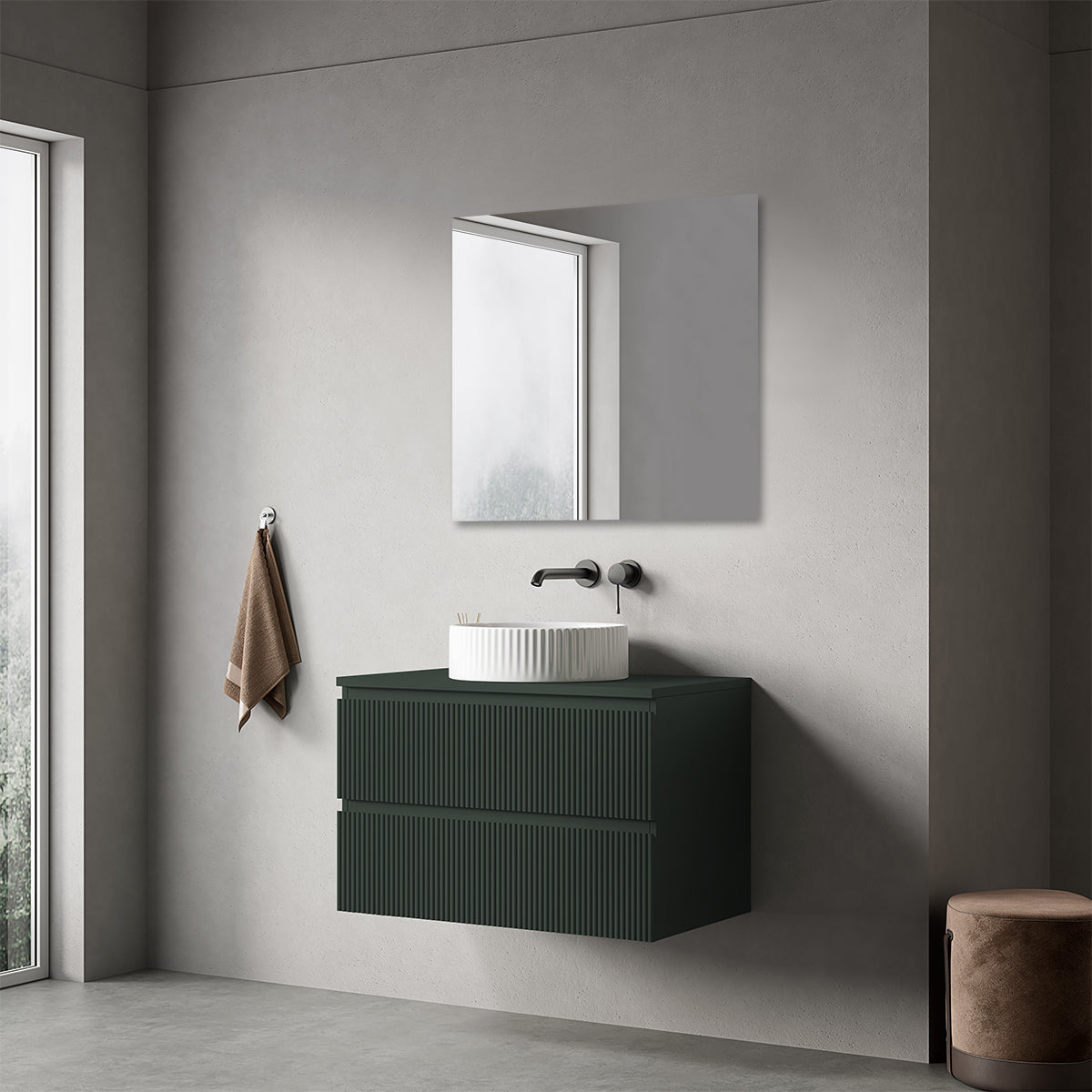Mobile bagno sospeso cannettato 80 cm Verde Comodoro per Lavabo d'appoggio Specchio Quadro - Fiji Paint Top Canneté