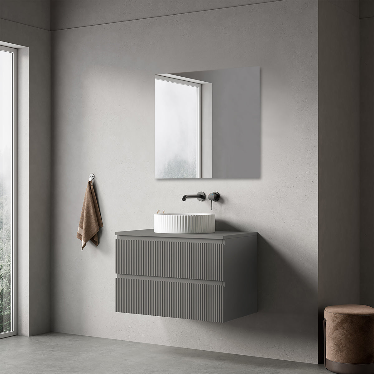 Mobile bagno sospeso cannettato 80 cm Grigio Londra per Lavabo d'appoggio Specchio Quadro - Fiji Paint Top Canneté
