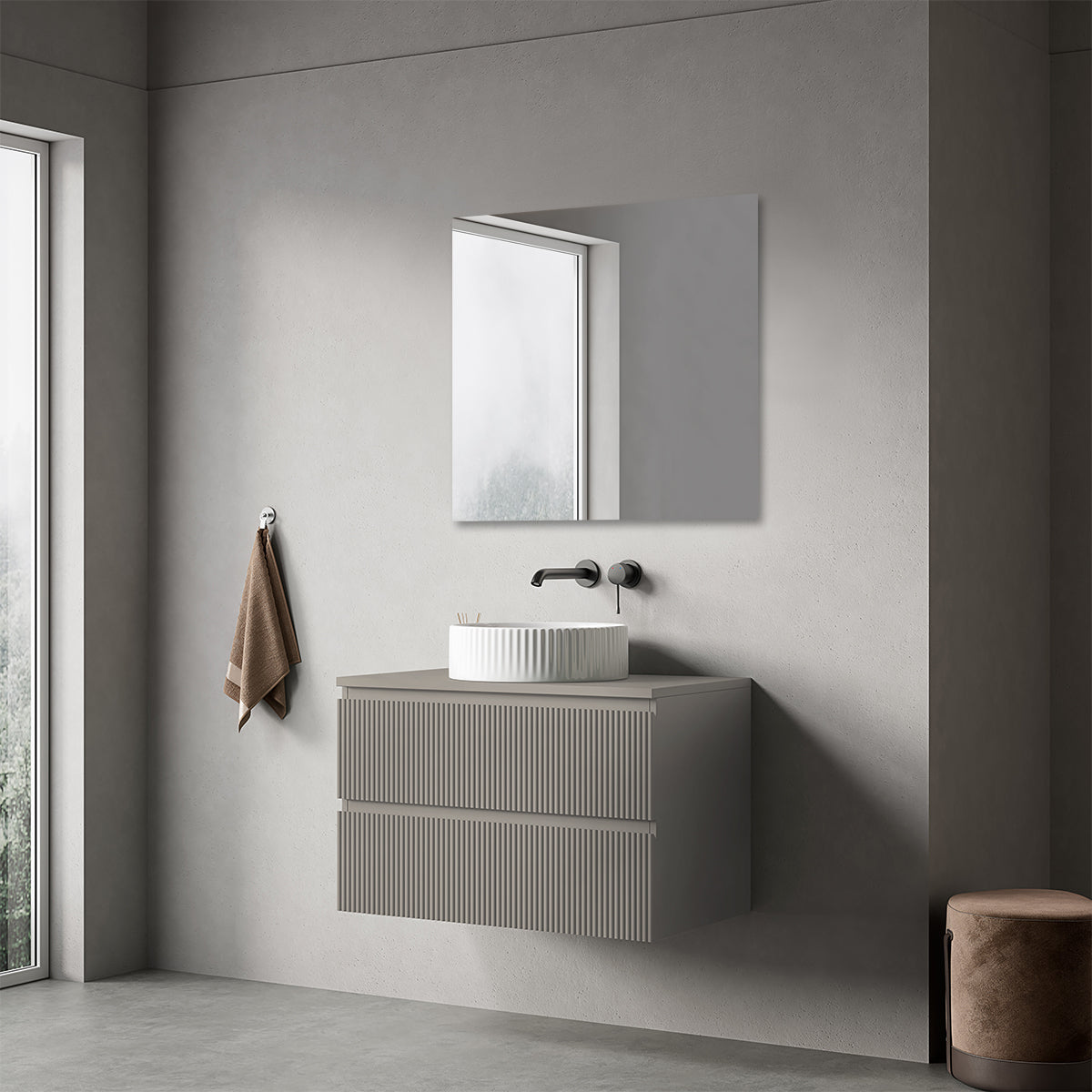 Mobile bagno sospeso cannettato 80 cm Grigio Cenere per Lavabo d'appoggio Specchio Quadro - Fiji Paint Top Canneté