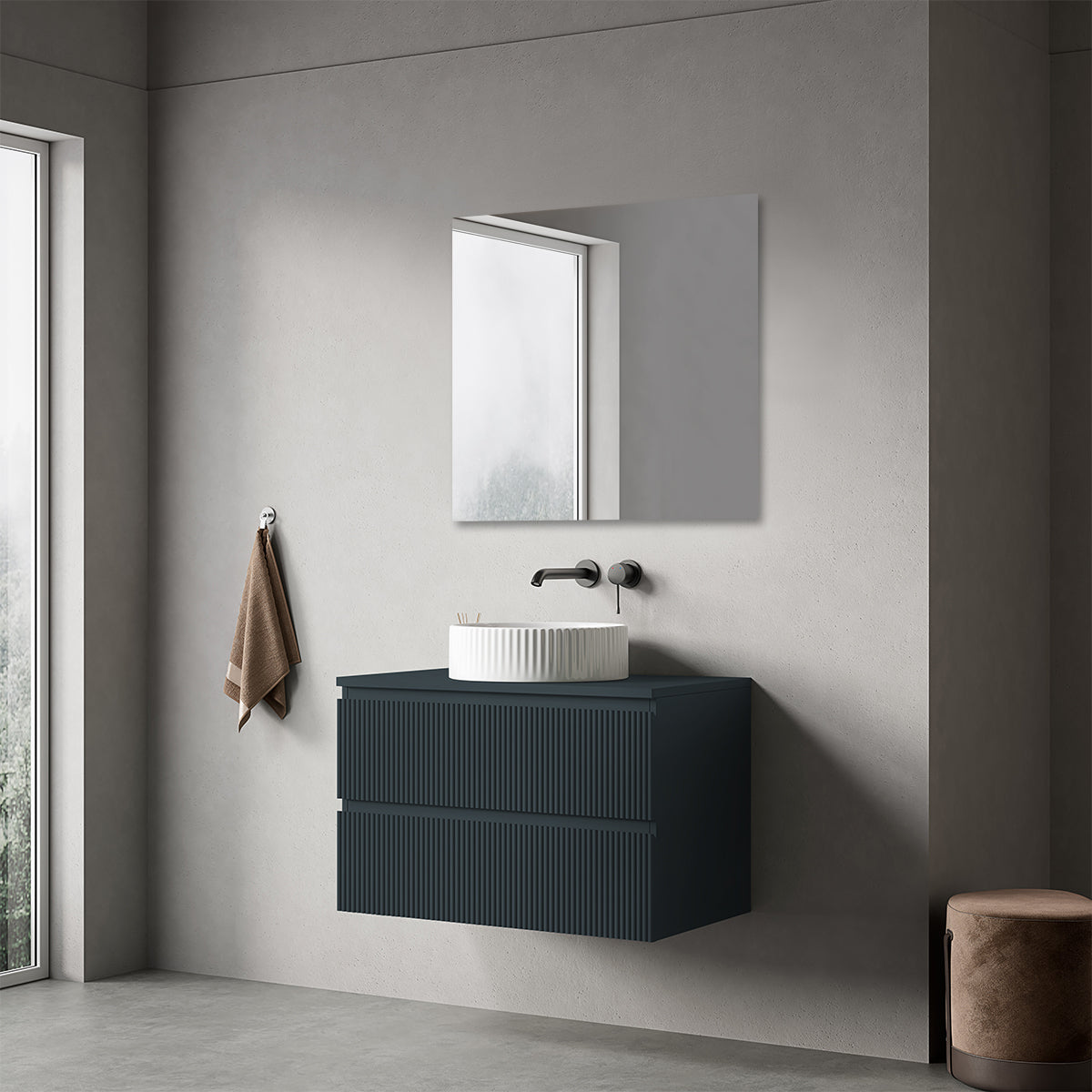 Mobile bagno sospeso cannettato 80 cm Blu Mare per Lavabo d'appoggio Specchio Quadro - Fiji Paint Top Canneté