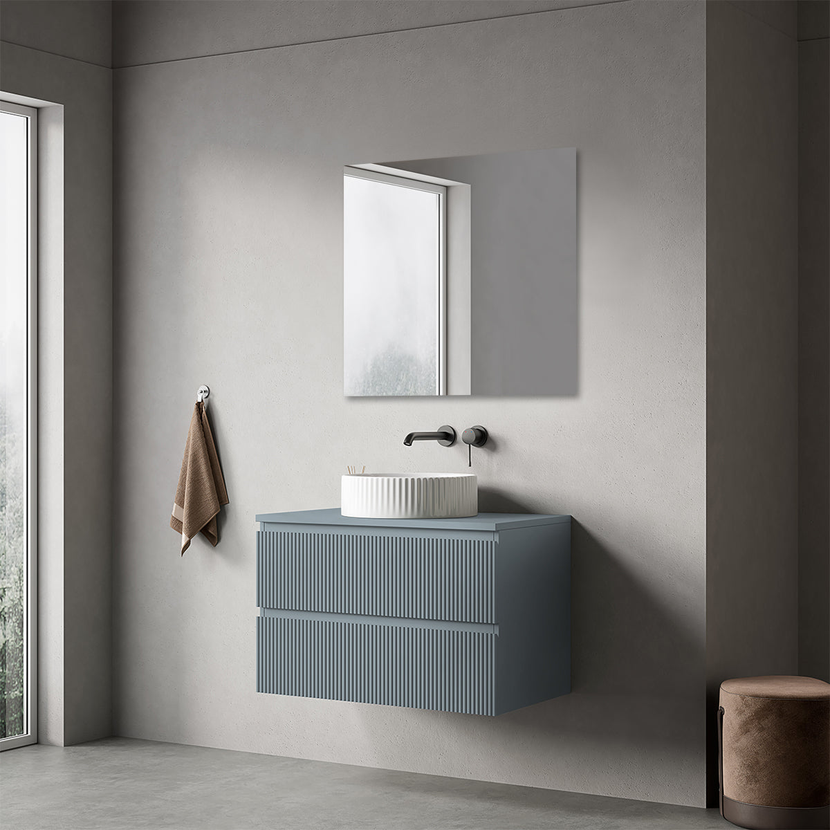 Mobile bagno sospeso cannettato 80 cm Blu Avio per Lavabo d'appoggio Specchio Quadro - Fiji Paint Top Canneté