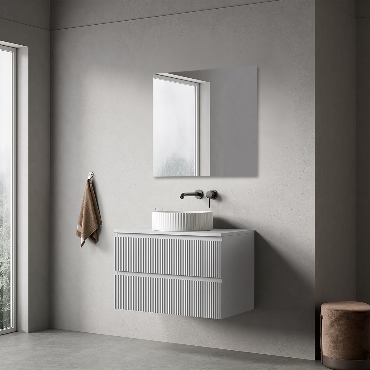 Mobile bagno sospeso cannettato 80 cm Bianco Opaco per Lavabo d'appoggio Specchio Quadro - Fiji Paint Top Canneté
