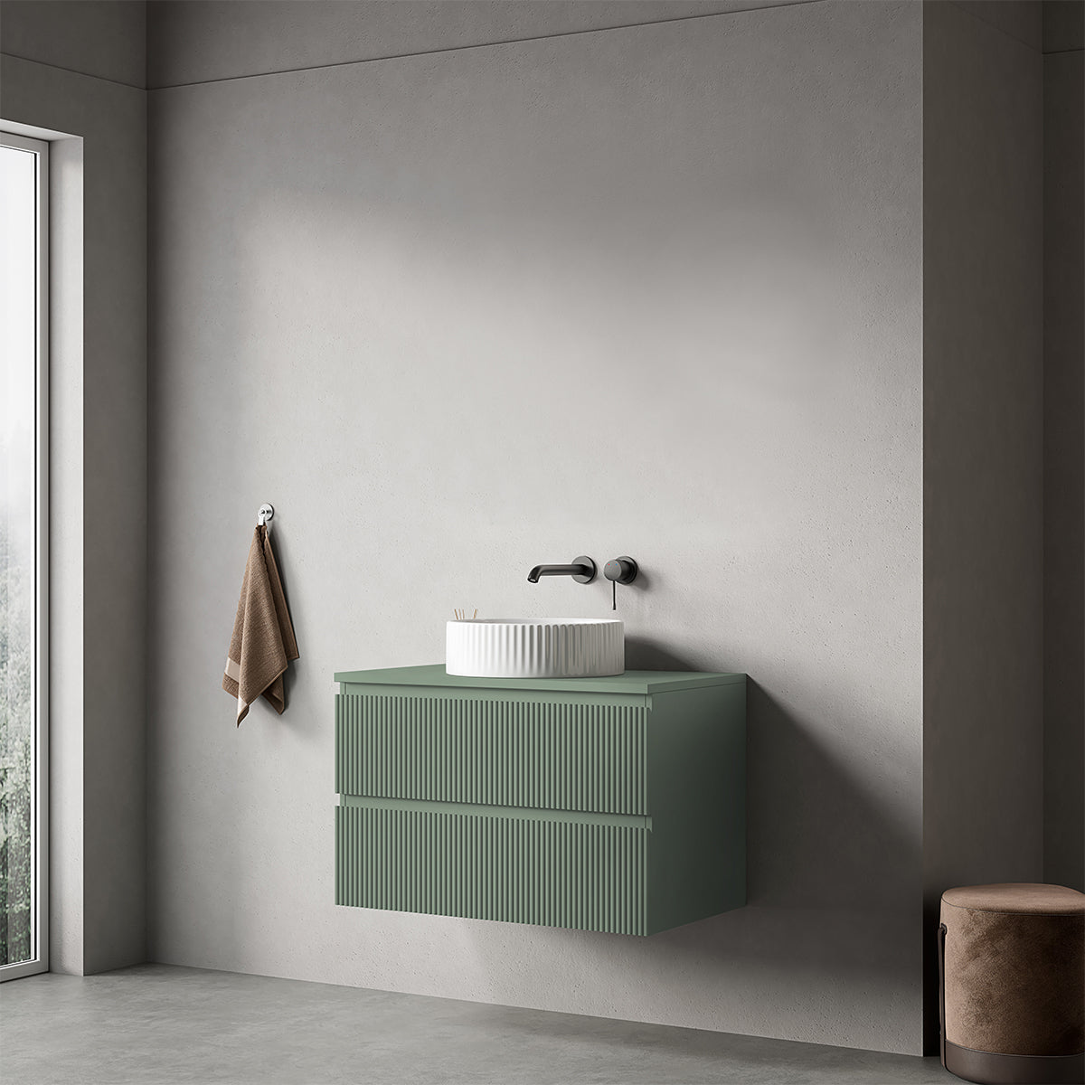 Mobile bagno sospeso cannettato 80 cm Verde Salvia per Lavabo d'appoggio Senza Specchio - Fiji Paint Top Canneté