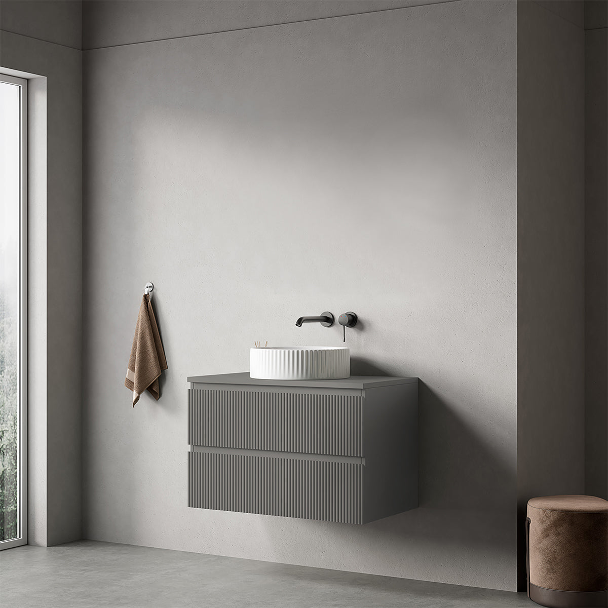 Mobile bagno sospeso cannettato 80 cm Grigio Londra per Lavabo d'appoggio Senza Specchio - Fiji Paint Top Canneté