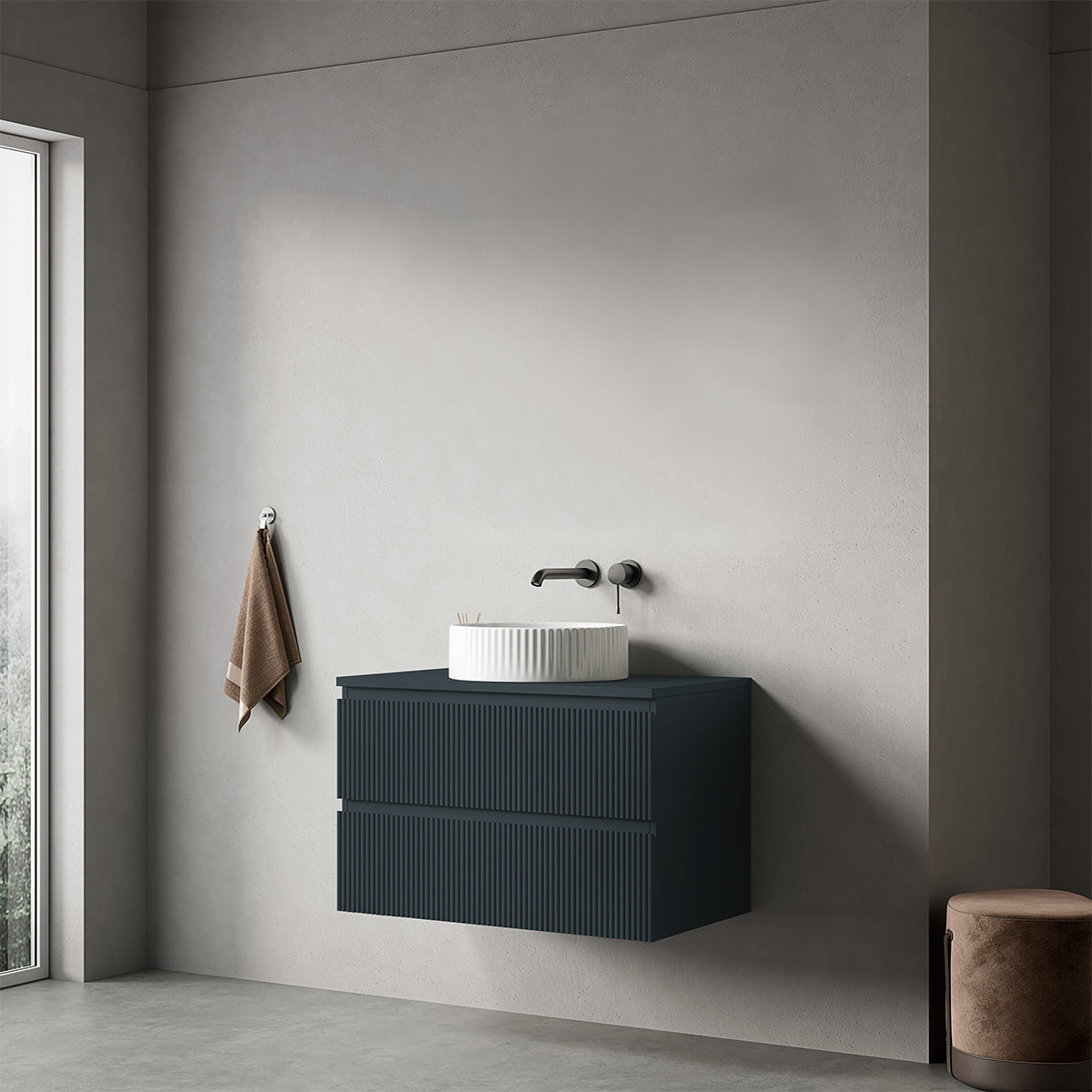 Mobile bagno sospeso cannettato 80 cm Blu Mare per Lavabo d'appoggio Senza Specchio - Fiji Paint Top Canneté