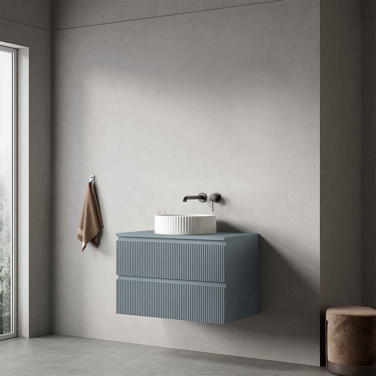 Mobile bagno sospeso cannettato 80 cm Blu Avio per Lavabo d'appoggio Senza Specchio - Fiji Paint Top Canneté