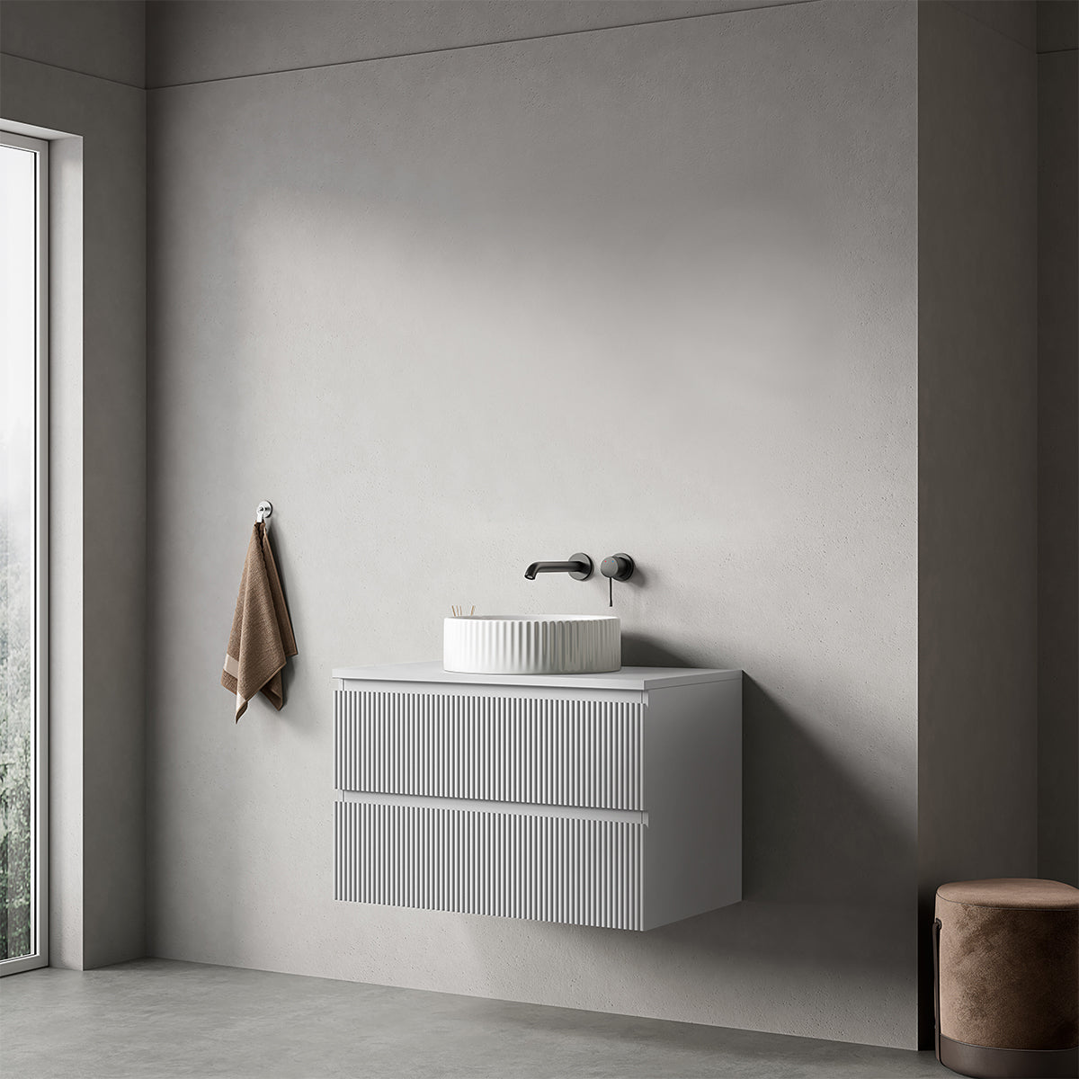 Mobile bagno sospeso cannettato 80 cm Bianco Opaco per Lavabo d'appoggio Senza Specchio - Fiji Paint Top Canneté