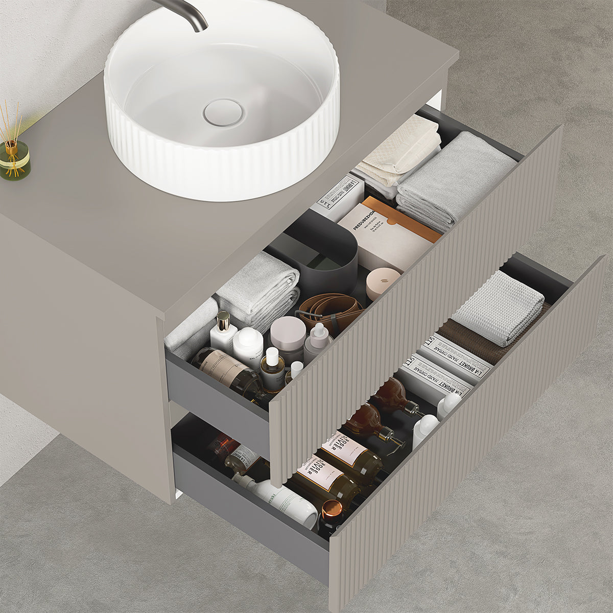 Mobile bagno sospeso cannettato 80 cm Grigio Cenere per Lavabo d'appoggio Specchio Quadro - Fiji Paint Top Canneté