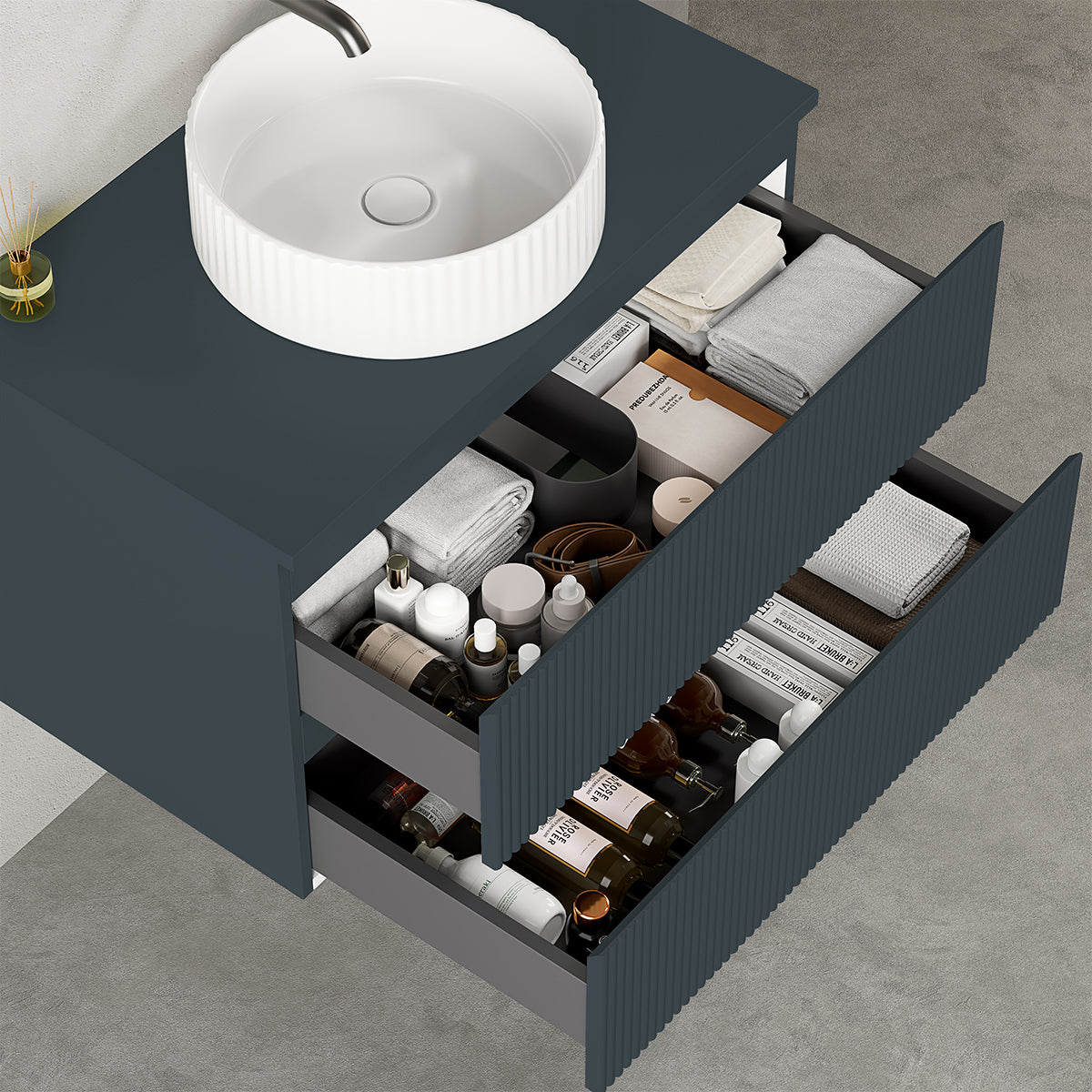 Mobile bagno sospeso cannettato 80 cm Blu Mare per Lavabo d'appoggio Specchio Tondo - Fiji Paint Top Canneté