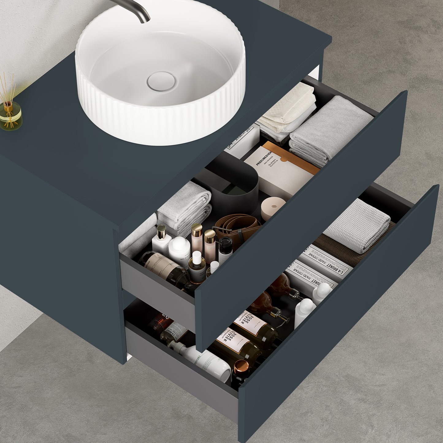 Mobile bagno sospeso 80 cm Blu Mare per Lavabo d'appoggio Specchio Quadro Retroilluminato - Fiji Paint Top