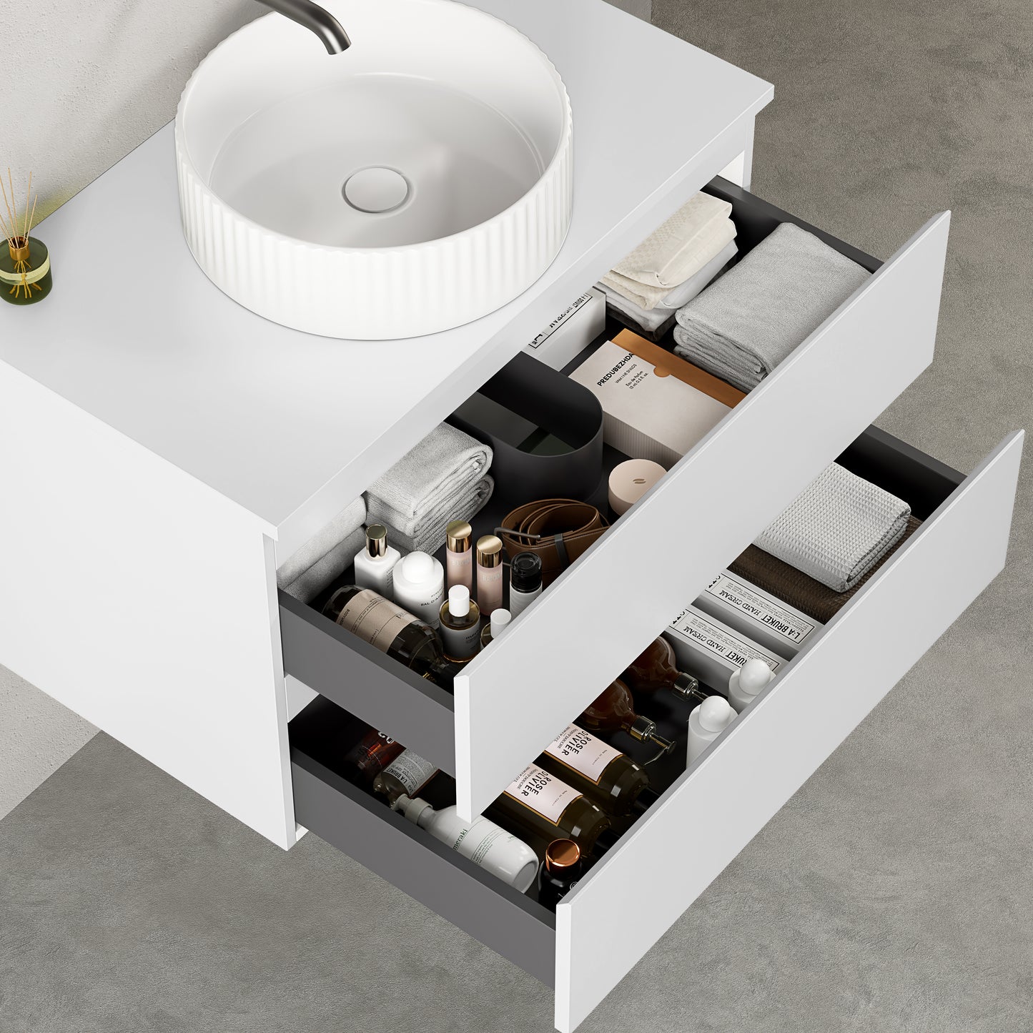 Mobile bagno sospeso 80 cm Bianco Opaco per Lavabo d'appoggio Specchio Tondo Retroilluminato - Fiji Paint Top