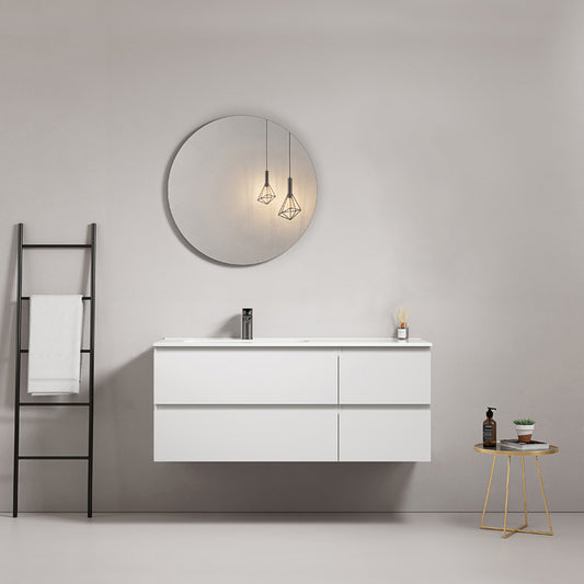 Mobile bagno sospeso 120 cm Bianco Lavabo a Sinistra in Ceramica Specchio Tondo - Fiji Paint