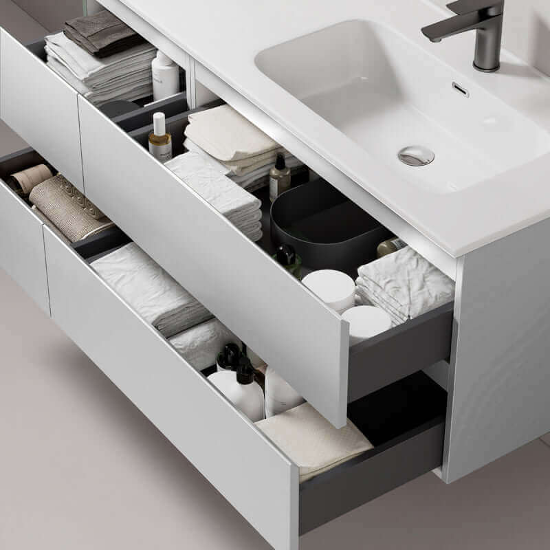 Mobile bagno sospeso bianco con cassetti organizzati e lavabo a destra in resina - Design contemporaneo (25686056)