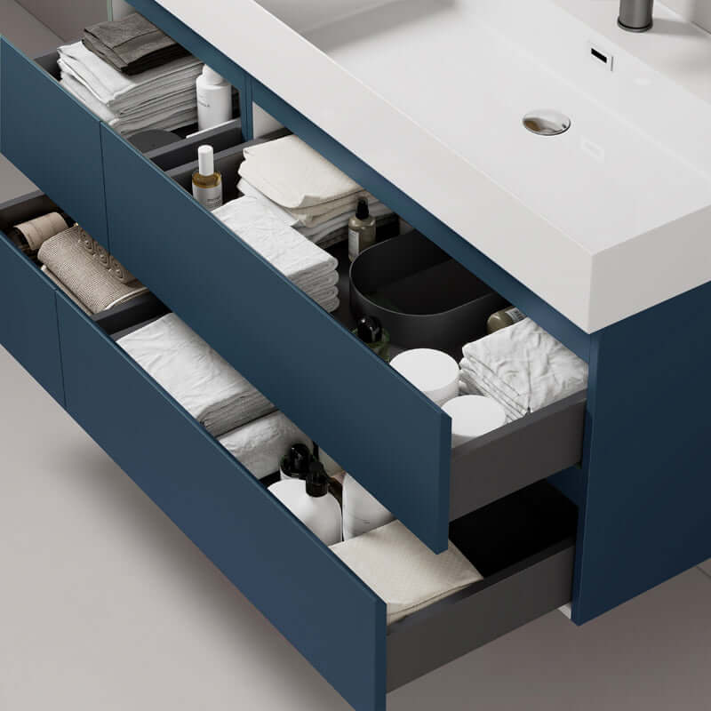 Mobile bagno sospeso Blu Mare con cassetti ingombri ordinati, lavabo a destra e design moderno. (25684247)