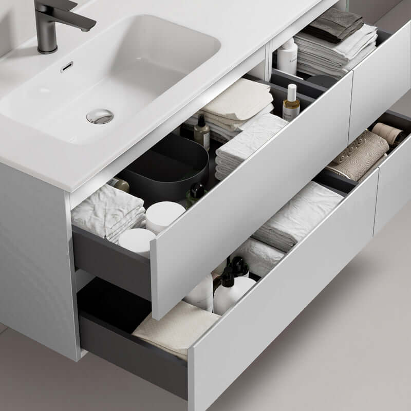 Mobile bagno sospeso Fiji 140 cm con lavabo a sinistra, cassetti con prodotti per il bagno e asciugamani. (25686102)