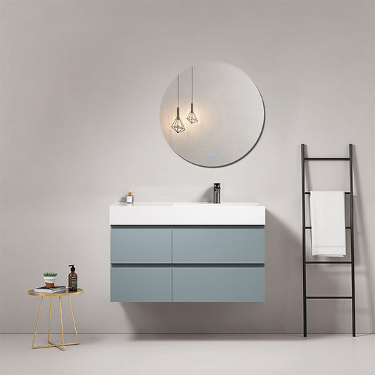Mobile bagno sospeso 100 cm Blu Avio Lavabo a Destra in Resina Specchio Tondo - Fiji Paint