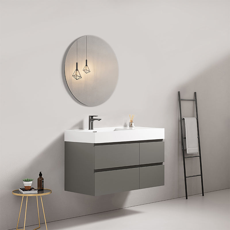 Mobile bagno sospeso 100 cm Grigio Londra Lavabo a Sinistra in Resina Specchio Tondo - Fiji Paint
