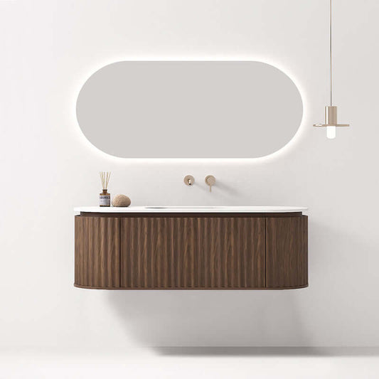 Mobile Bagno 140 cm  Sospeso Rovere Scuro Sospeso Specchio Ovale Retroilluminato - Reid