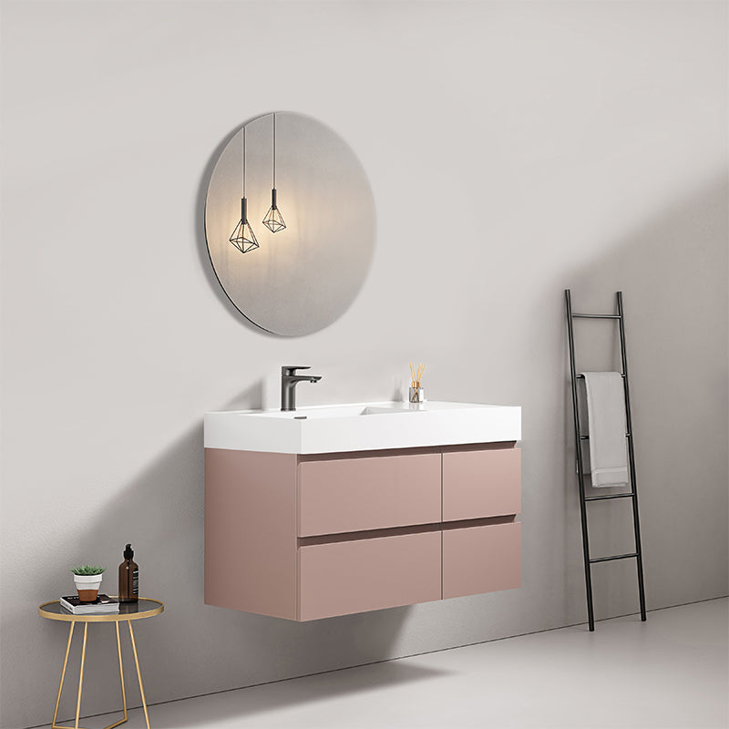 Mobile bagno sospeso 100 cm Rosa Retro Lavabo a Sinistra in Resina Specchio Tondo - Fiji Paint