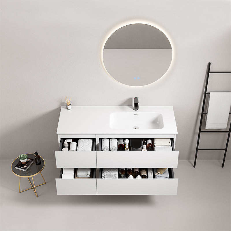 Mobile bagno sospeso 120 cm Bianco Lavabo a Destra in Ceramica Specchio Tondo Retroilluminato - Fiji Paint