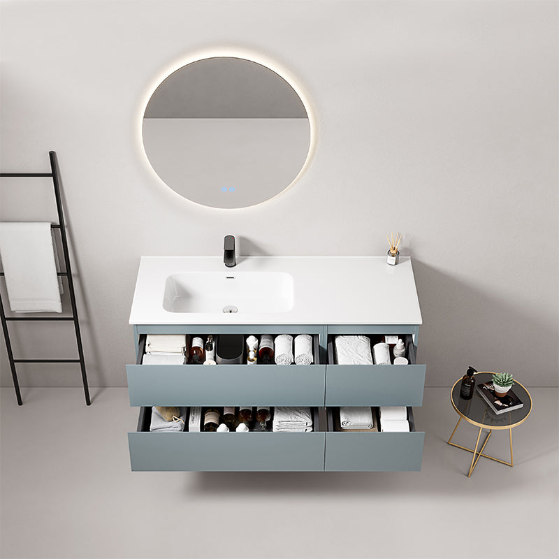 Mobile bagno sospeso 120 cm Blu Avio Lavabo a Sinistra in Ceramica Specchio Tondo Retroilluminato - Fiji Paint