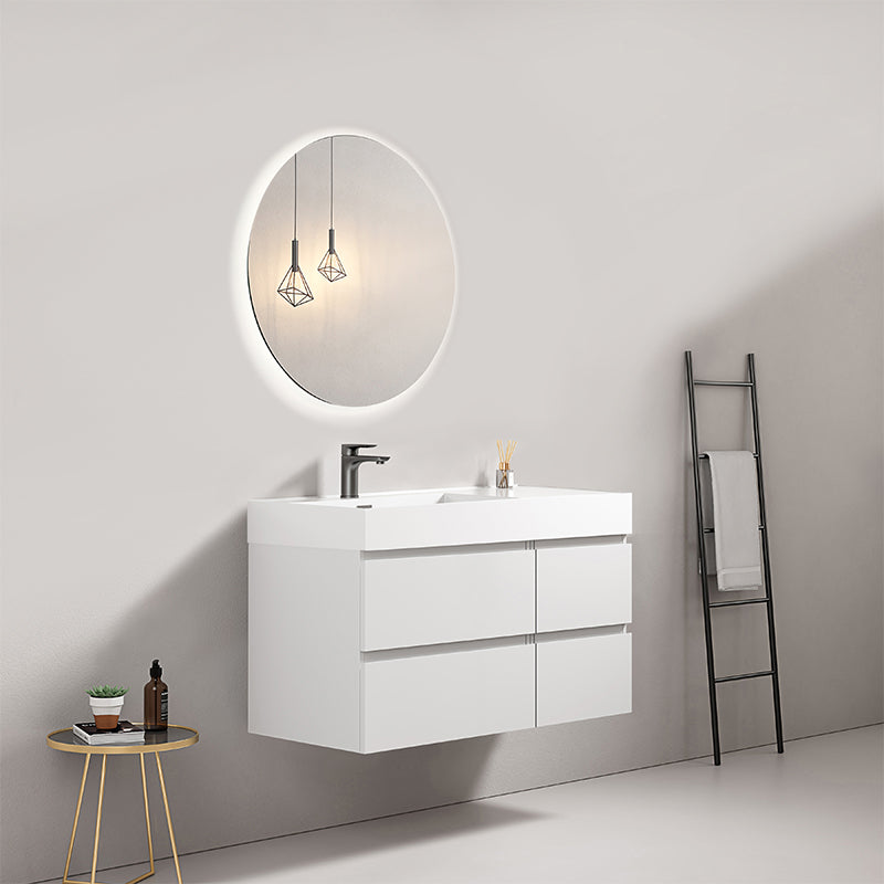 Mobile bagno sospeso 100 cm Bianco Lavabo a Sinistra in Resina Specchio Tondo Retroilluminato - Fiji Paint