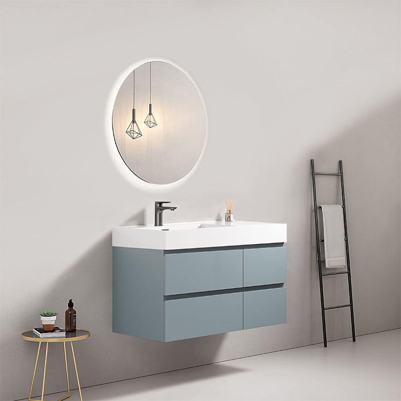 Mobile bagno sospeso 100 cm Blu Avio Lavabo a Sinistra in Resina Specchio Tondo Retroilluminato - Fiji Paint