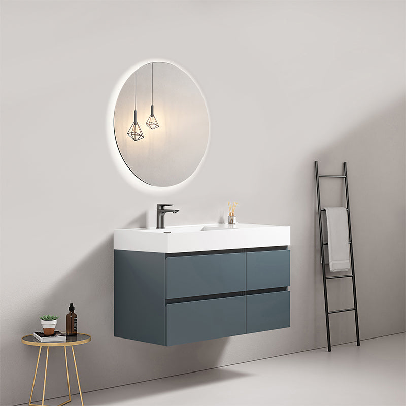 Mobile bagno sospeso 100 cm Blu Mare Lavabo a Sinistra in Resina Specchio Tondo Retroilluminato - Fiji Paint
