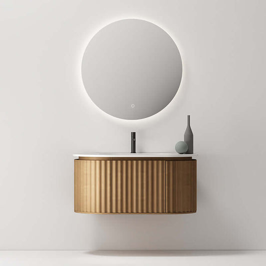 Mobile Bagno 100 cm Sospeso Rovere Scuro Specchio Tondo Retroilluminato - Reid