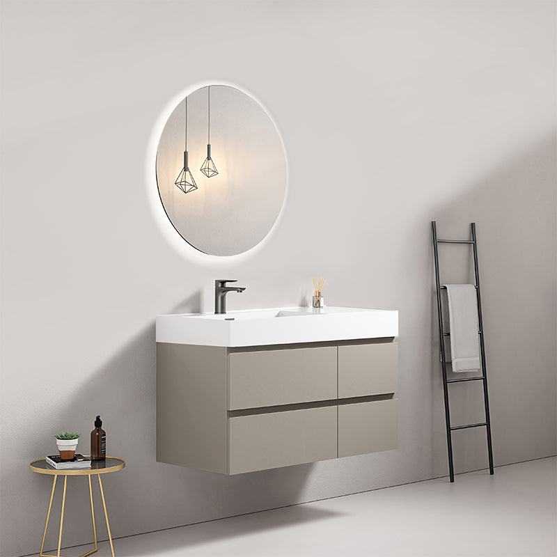 Mobile bagno sospeso 100 cm Grigio Cenere Lavabo a Sinistra in Resina Specchio Tondo Retroilluminato - Fiji Paint