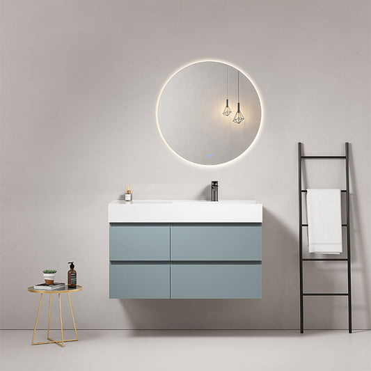 Mobile bagno sospeso 100 cm Blu Avio Lavabo a Destra in Resina Specchio Tondo Retroilluminato - Fiji Paint