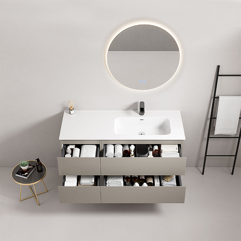 Mobile bagno sospeso 120 cm Grigio Cenere Lavabo a Destra in Ceramica Specchio Tondo Retroilluminato - Fiji Paint