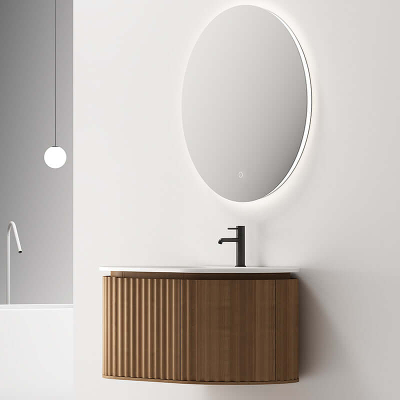 Mobile Bagno 100 cm Sospeso Rovere Scuro Specchio Tondo - Reid