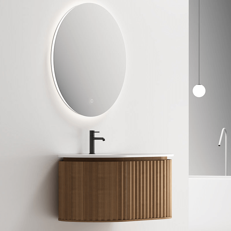 Mobile Bagno 100 cm Sospeso Rovere Scuro Specchio Tondo - Reid