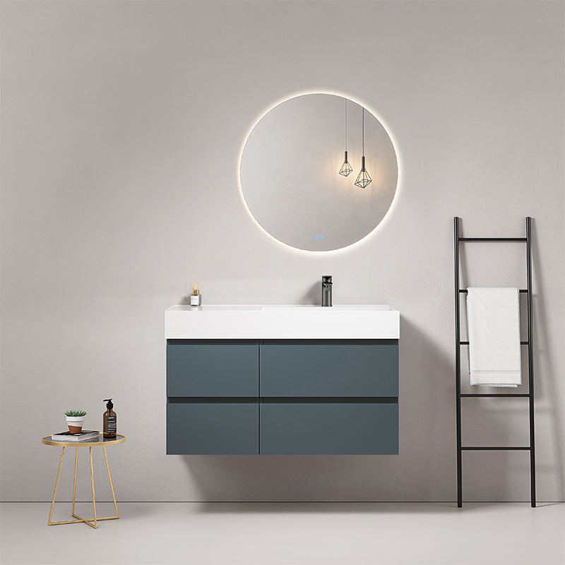 Mobile bagno sospeso 100 cm Blu Mare Lavabo a Destra in Resina Specchio Tondo Retroilluminato - Fiji Paint
