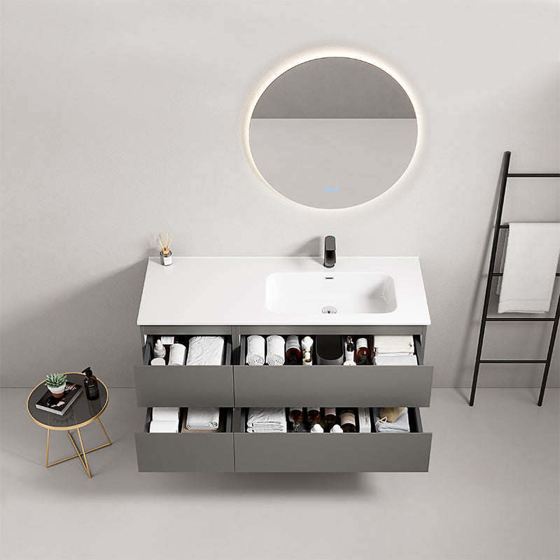 Mobile bagno sospeso 120 cm Grigio Londra Lavabo a Destra in Ceramica Specchio Tondo Retroilluminato - Fiji Paint