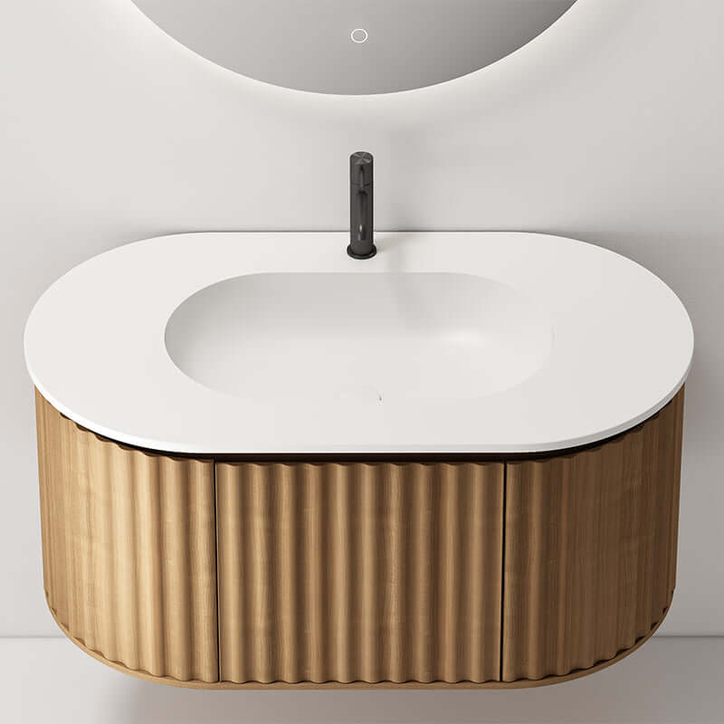Mobile Bagno 100 cm Sospeso Rovere Scuro Specchio Tondo - Reid