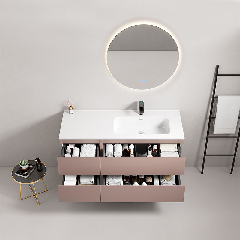 Mobile bagno sospeso 120 cm Rosa Retro Lavabo a Destra in Ceramica Specchio Tondo Retroilluminato - Fiji Paint
