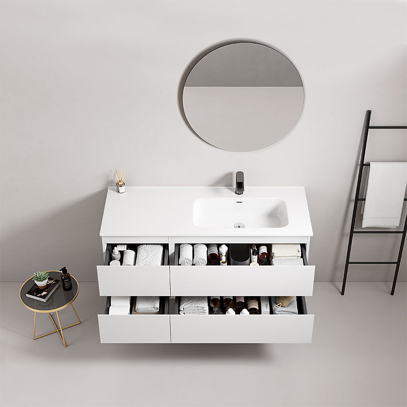 Mobile bagno sospeso 120 cm Bianco Lavabo a Destra in Ceramica Specchio Tondo - Fiji Paint