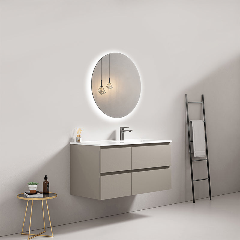 Mobile bagno sospeso 100 cm Grigio Cenere Lavabo a Destra in Ceramica Specchio Tondo Retroilluminato - Fiji Paint