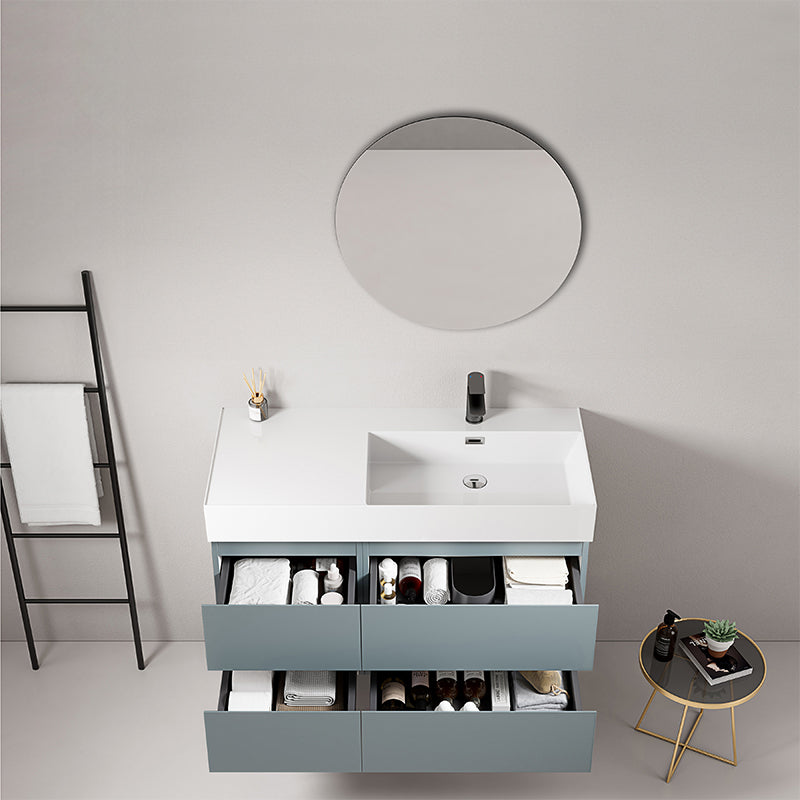Mobile bagno sospeso 100 cm Blu Avio Lavabo a Destra in Resina Specchio Tondo - Fiji Paint