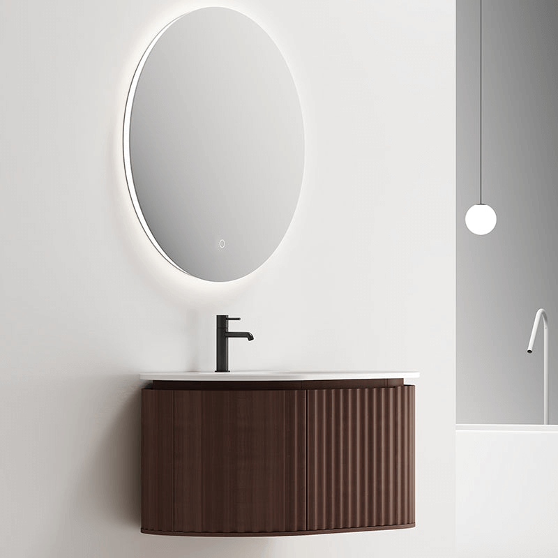 Mobile Bagno 100 cm Sospeso Noce Scuro Specchio Tondo - Reid