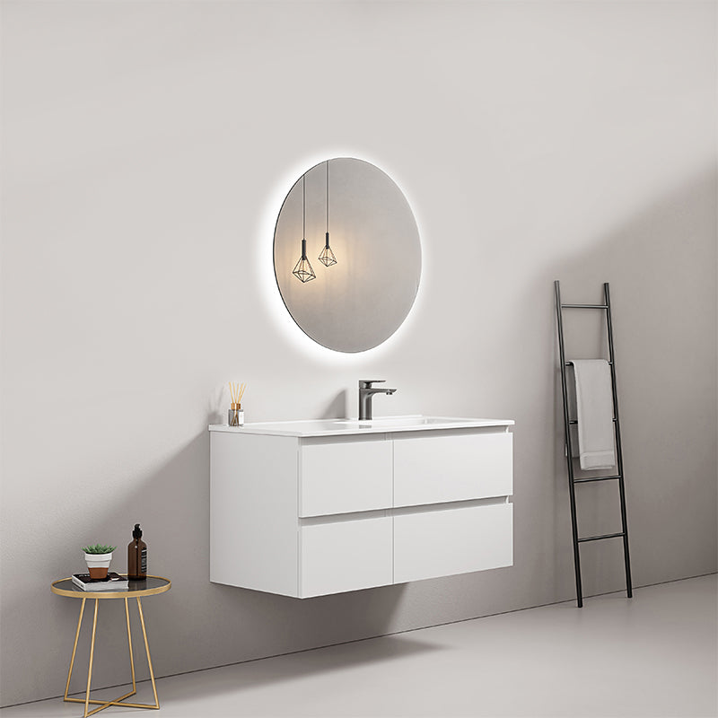 Mobile bagno sospeso 100 cm Bianco Lavabo a Destra in Ceramica Specchio Tondo Retroilluminato - Fiji Paint