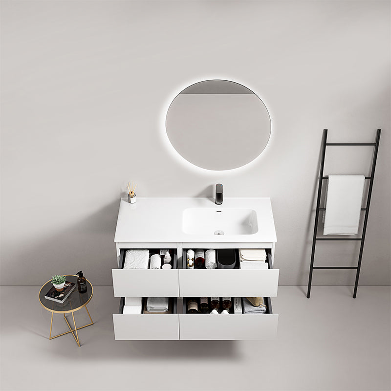 Mobile bagno sospeso 100 cm Bianco Lavabo a Destra in Ceramica Specchio Tondo Retroilluminato - Fiji Paint