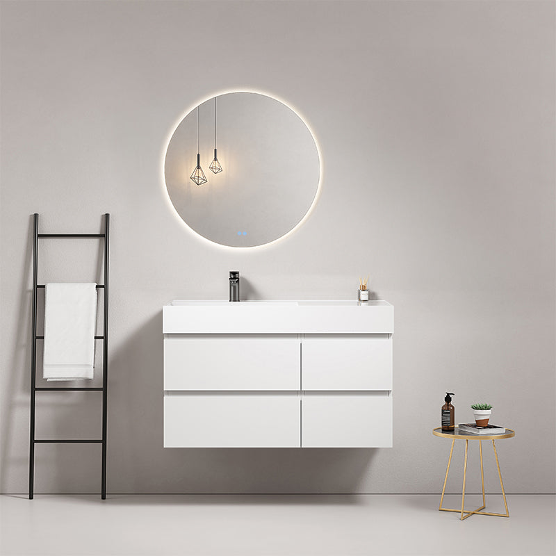 Mobile bagno sospeso 100 cm Bianco Lavabo a Sinistra in Resina Specchio Tondo Retroilluminato - Fiji Paint