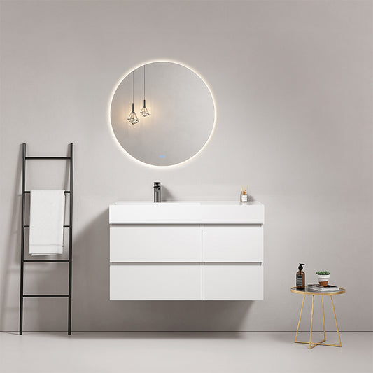 Mobile bagno sospeso 100 cm Bianco Lavabo a Sinistra in Resina Specchio Tondo Retroilluminato - Fiji Paint