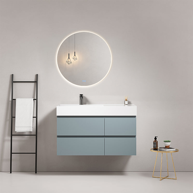 Mobile bagno sospeso 100 cm Blu Avio Lavabo a Sinistra in Resina Specchio Tondo Retroilluminato - Fiji Paint