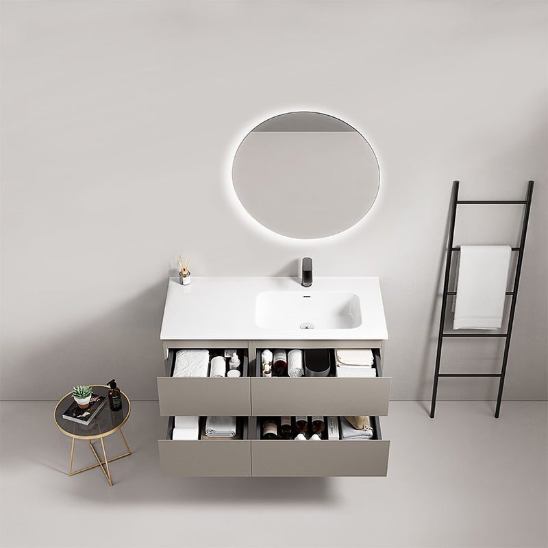 Mobile bagno sospeso 100 cm Grigio Cenere Lavabo a Destra in Ceramica Specchio Tondo Retroilluminato - Fiji Paint