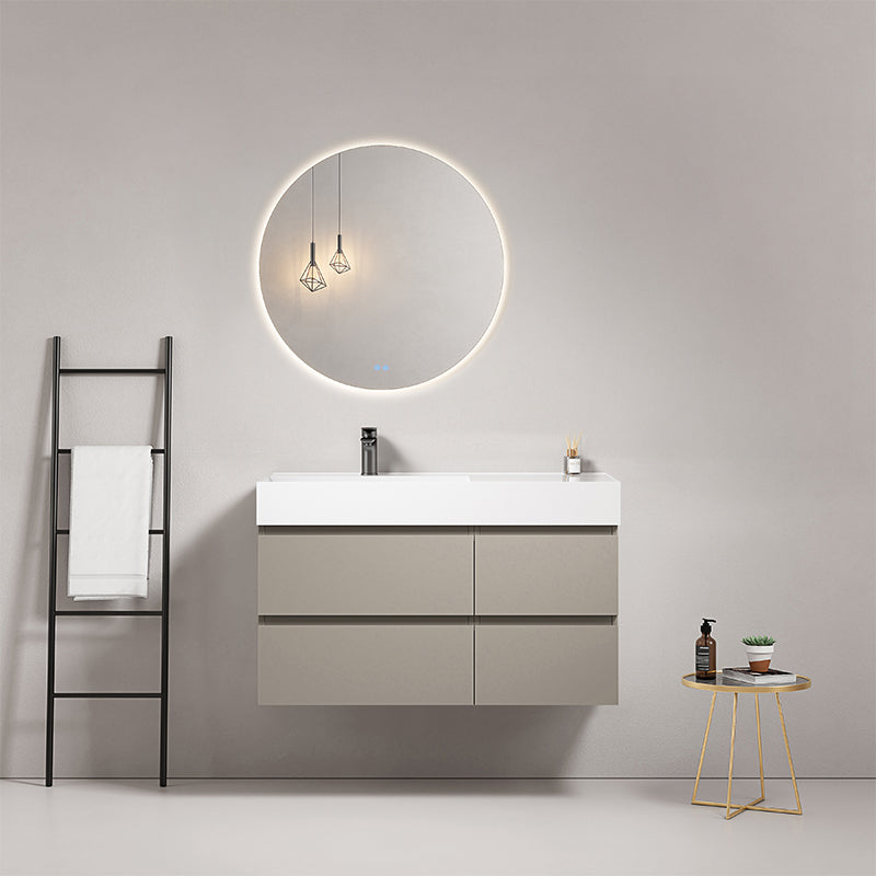 Mobile bagno sospeso 100 cm Grigio Cenere Lavabo a Sinistra in Resina Specchio Tondo Retroilluminato - Fiji Paint
